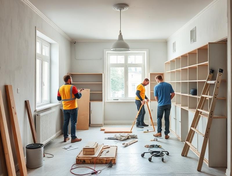 Tým řemeslníků při práci na rekonstrukci bytu
